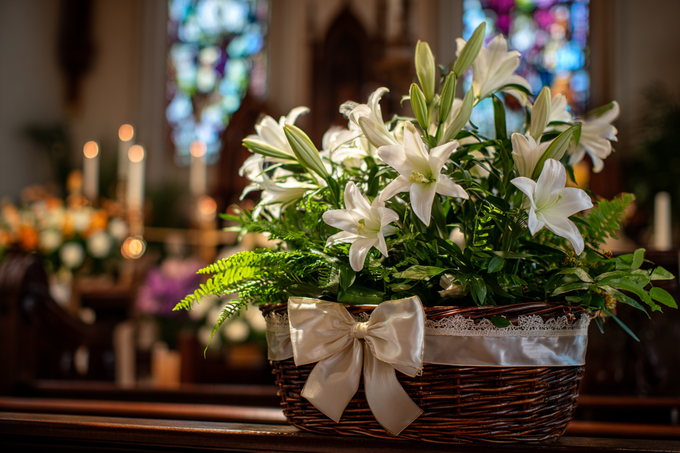 Easter lily basket arrangement