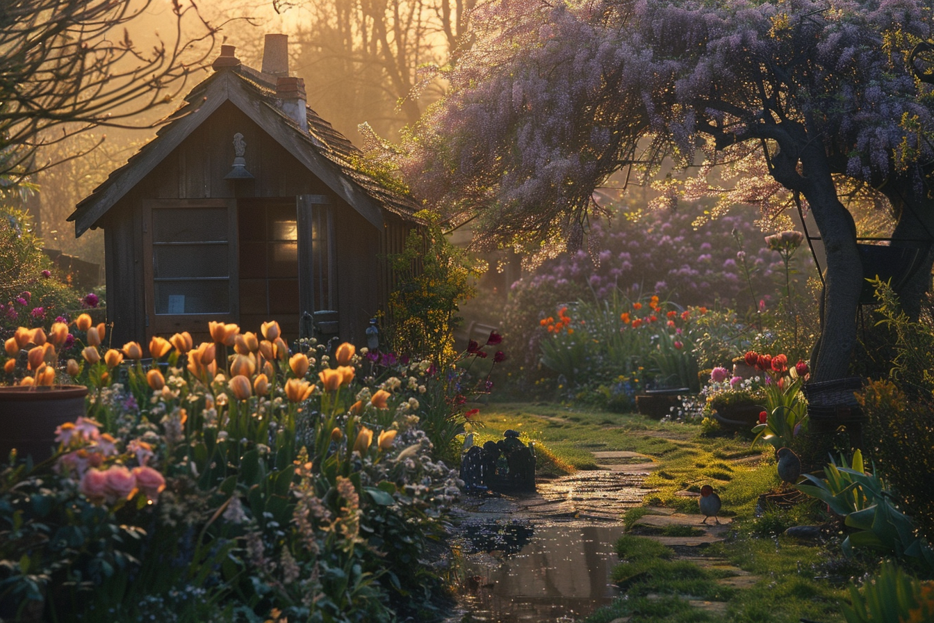 English garden shed in bloom