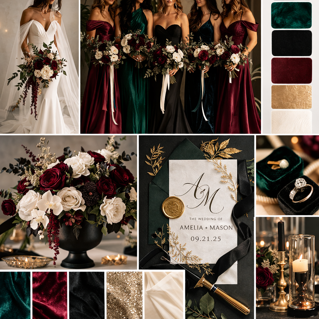 Emerald and burgundy wedding florals